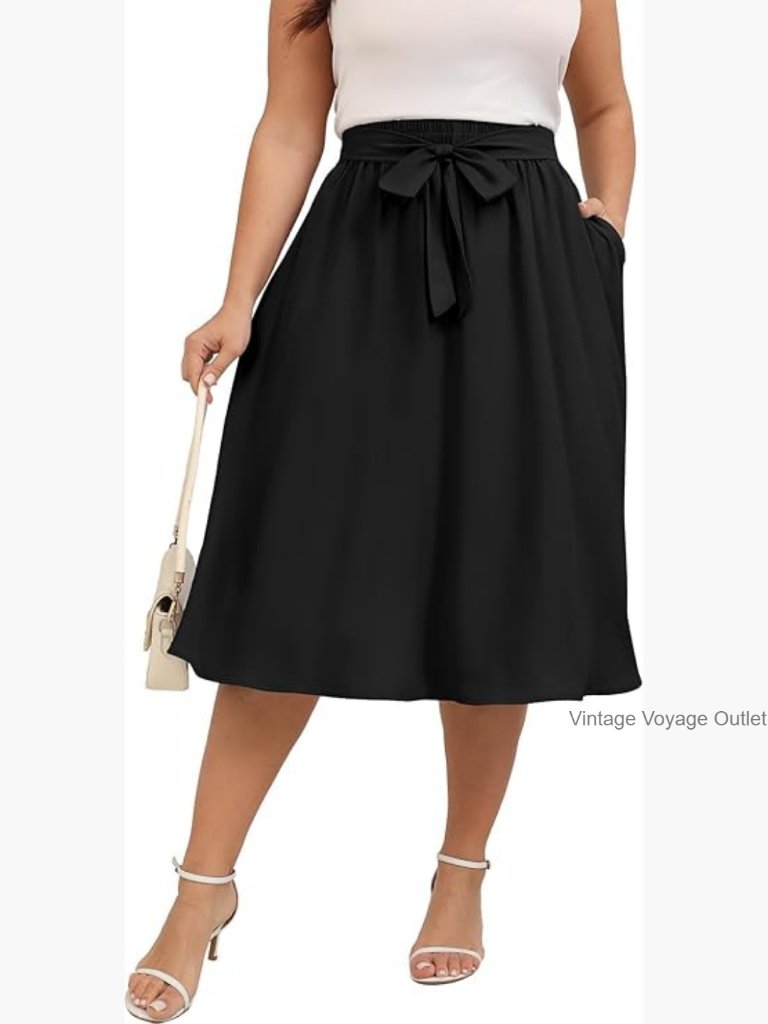 Plus Size Midi Skirt Elastic High Waist Boho Flowy Swing Pockets Summer